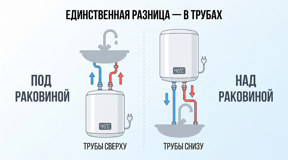 Под мойку и над мойкой: вся разница в патрубках